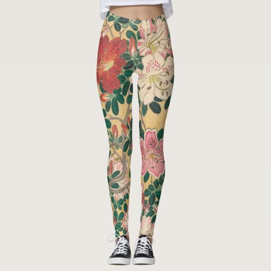 Vintage Blume Azalea Japanische Malerei Leggings (Vorderseite)