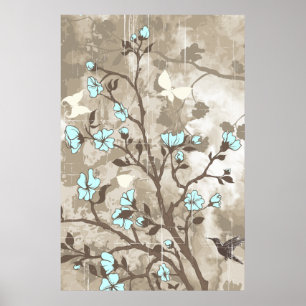 Vintage Blume blau, blumige Taube Poster