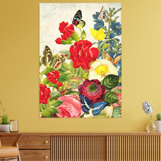 Vintage Blume Bouquet Butterfliegen Wrapped Canvas Leinwanddruck (Insitu (Wohnzimmer))