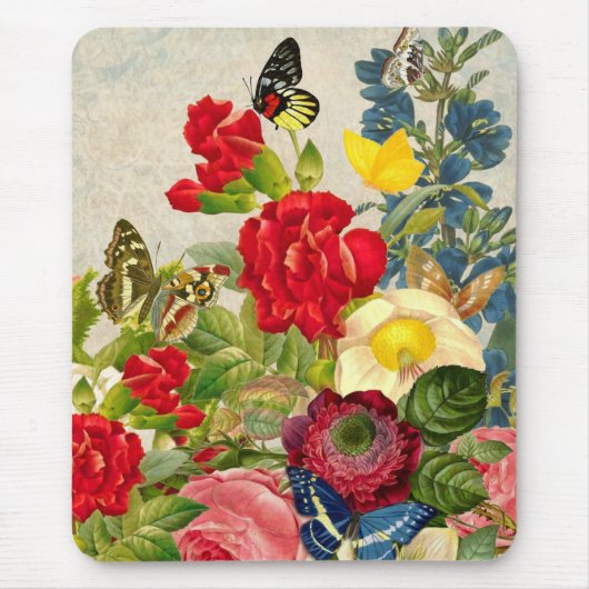 Vintage Blume Bouquet mit Schmetterlingen Mousepad (Vorne)