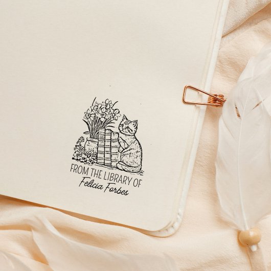Vintage Blume Cat Library Book Gummistempel