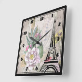 Vintage Blume Collage und Eiffelturm Zeichnend Quadratische Wanduhr (Winkel)