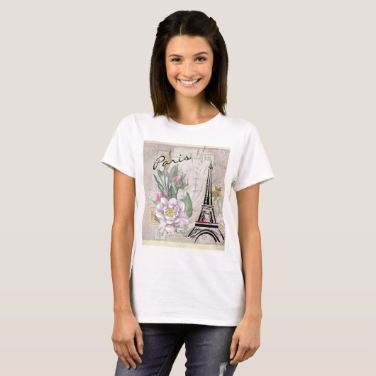 Vintage Blume Collage und Eiffelturm Zeichnend T-Shirt (Vorne ganz)