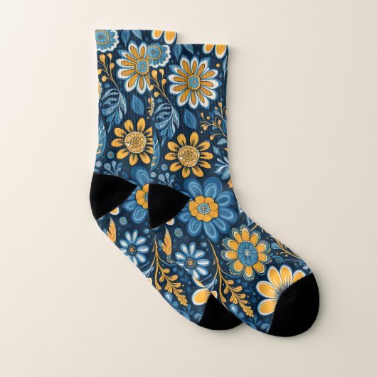 Vintage Blume Design Hippie Retro Gelb Blau Socken (Paar)