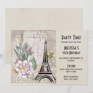Vintage Blume, Eiffelturm und Burlap Geburtstag Einladung