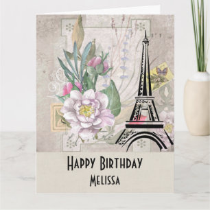 Vintage Blume, Eiffelturm und Burlap Geburtstag Karte