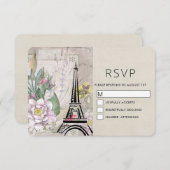 Vintage Blume, Eiffelturm und Burlap-Hochzeit RSVP Karte (Vorne/Hinten)