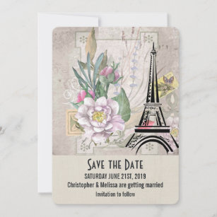 Vintage Blume, Eiffelturm und Burlap-Hochzeit Save The Date