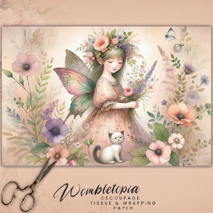 Vintage Blume Fairy & Niedlich Kitten Decoupage Seidenpapier