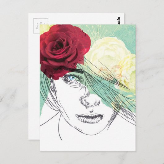 Vintage Blume Girl Illustration Postkarte (Vorne/Hinten)