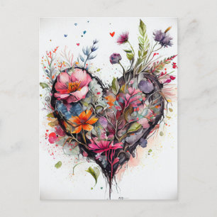 Vintage Blume im Herzen und Aquarell Romantische K Postkarte