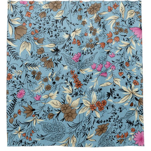 Vintage Blume Muster, blauer Hintergrund. Duschvorhang (Vorderseite)