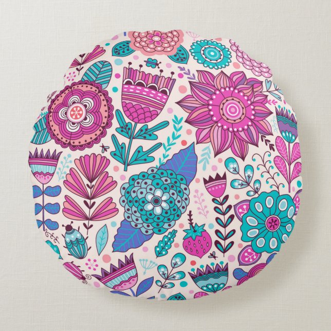 Vintage Blume Nahtlose botanische Struktur,  Rundes Kissen (Vorderseite)