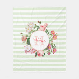 Vintage Blume Pastellfarben Grüne Streifen Monogra Fleecedecke