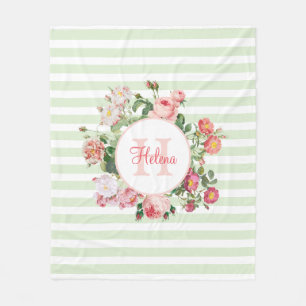 Vintage Blume Pastellfarben Grüne Streifen Monogra Fleecedecke