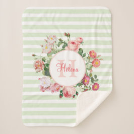 Vintage Blume Pastellfarben Grüne Streifen Monogra Sherpadecke