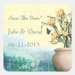 Vintage Blume Pot & Butterfly Save the Date Quadratischer Aufkleber