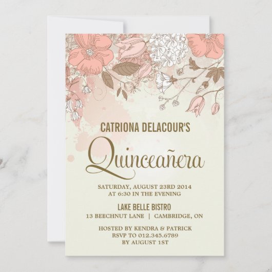Vintage Blume Quinceañera Einladung (Vorderseite)
