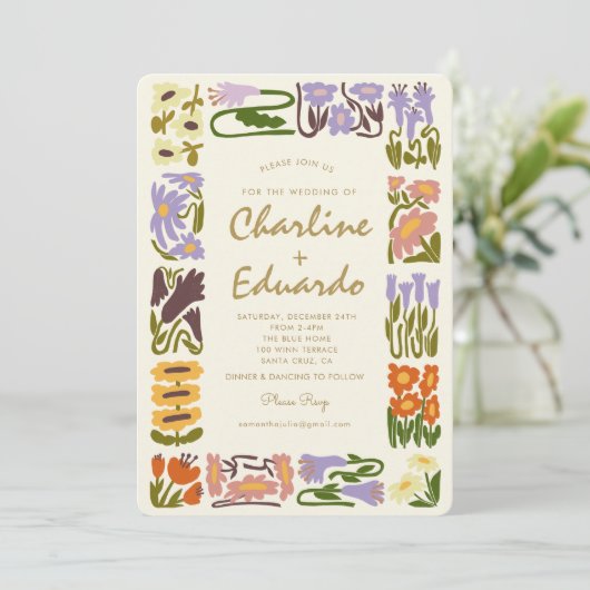 Vintage Blume Retro Hochzeit Einladung (Stehend Vorderseite)