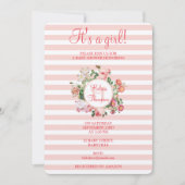 Vintage Blume Rosa Streifen Babydusche Mädchen Einladung (Vorderseite)