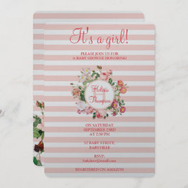 Vintage Blume Rosa Streifen Babydusche Mädchen Einladung