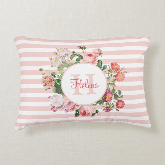 Vintage Blume Rosa Streifen Monogramm Dekokissen (Vorderseite)