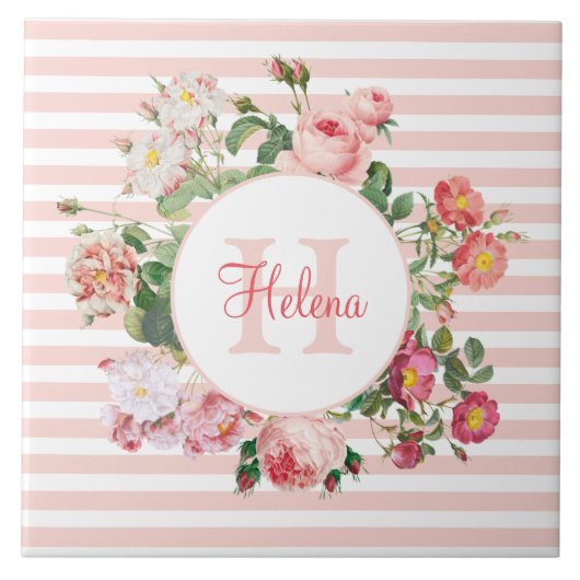 Vintage Blume Rosa Streifen Monogramm Fliese (Vorderseite)
