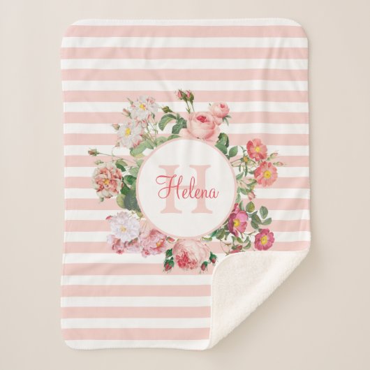 Vintage Blume Rosa Streifen Monogramm Sherpadecke (Vorderseite)