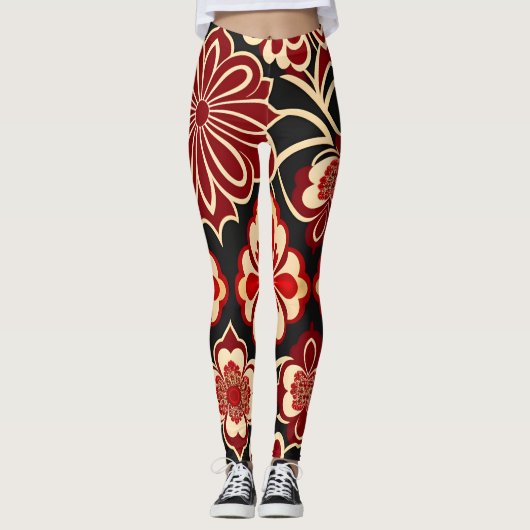 Vintage Blume rotes Blumenmuster Leggings (Vorderseite)