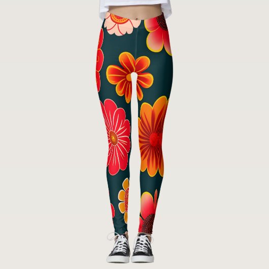 Vintage Blume Rotes Schwarzes Blumenmuster Leggings (Vorderseite)