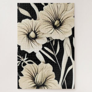 Vintage Blume Schwarz und Beige Kunst Puzzle