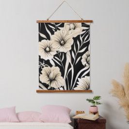 Vintage Blume Schwarz und Beige Kunst Wandteppich Mit Holzrahmen
