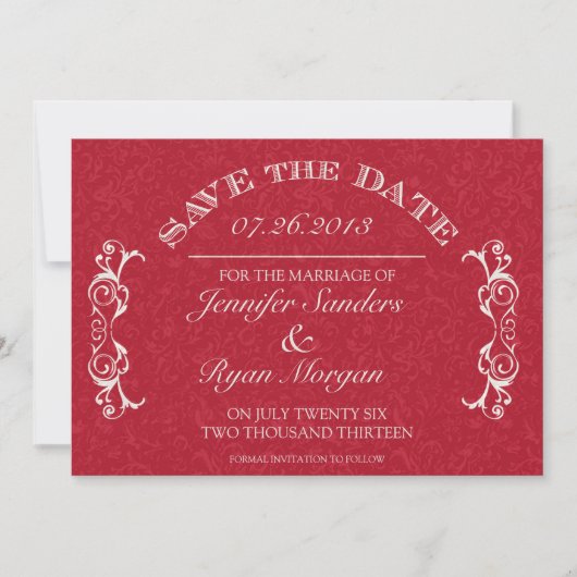 Vintage Blume Swirbeln Monogramm Save the Date RED (Vorderseite)