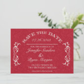 Vintage Blume Swirbeln Monogramm Save the Date RED (Stehend Vorderseite)