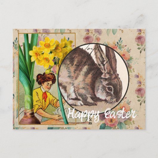 Vintage Blume und Bunny Collage Ostern Postkarte (Vorderseite)