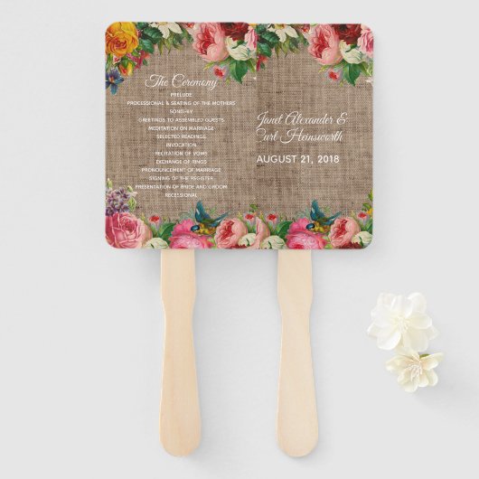 Vintage Blume und Burlap-Hochzeitsfan Fächer (Vorne und Hinten)