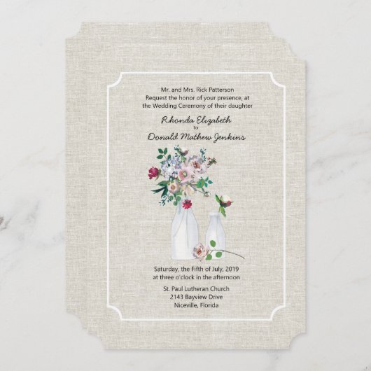 Vintage Blume und Milchflaschen Hochzeiten Einladung (Vorne/Hinten)