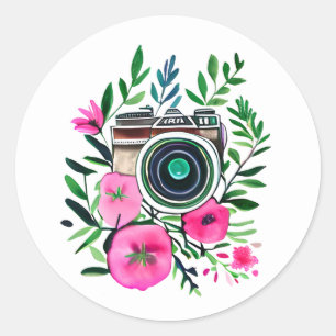 Vintage Blume und Retro-Kamera Personalisiert Runder Aufkleber