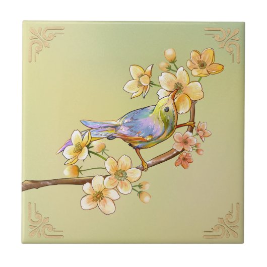 Vintage Blume und Vogelarten Aviäre Kunst Fliese (Vorderseite)