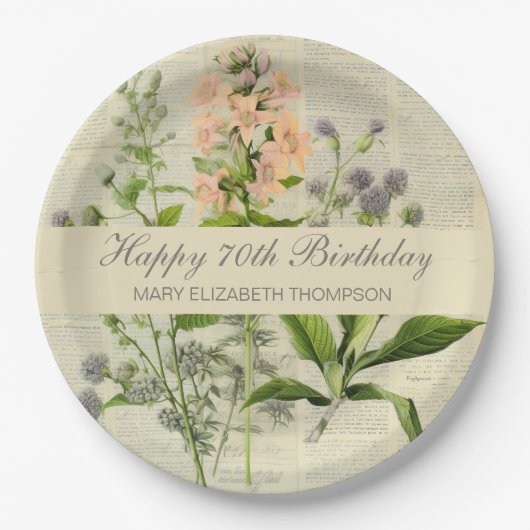 Vintage Blumen 70. Geburtstag Pappteller (Vorderseite)