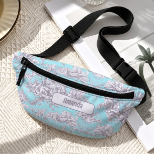 Vintage Blumen Aqua Blau Toile de Jouy Monogramm Bauchtasche