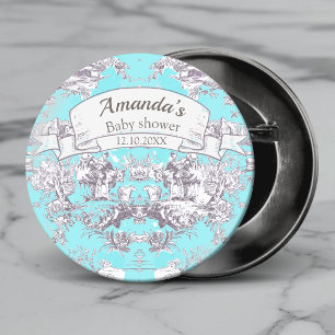 Vintage Blumen Aqua Blau Toile de Jouy Monogramm Button