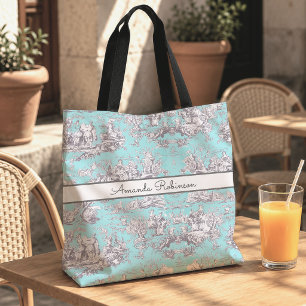 Vintage Blumen Aqua Blau Toile de Jouy Monogramm Tasche