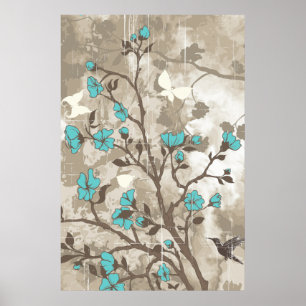 Vintage Blumen aqua taupe floral grunge individuel Poster