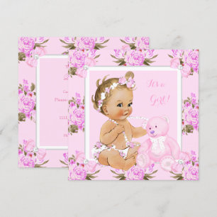 Vintage Blumen Baby Shower Mädchen Rosa Bär Blond Einladung