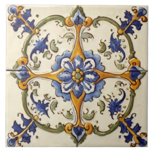 Vintage-Blumen Blau Blumen auf Weiß Grün & Gelb Fliese