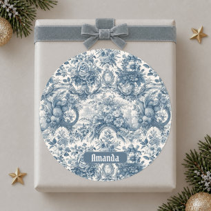Vintage Blumen Blau toile de jouy Monogramm Runder Aufkleber