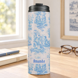 Vintage Blumen Blau Türkis Toile Jouy Monogramm Thermosbecher