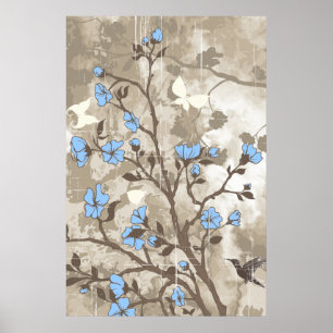 Vintage-Blumen blaue Taupe-Blumen-Grunge individue Poster