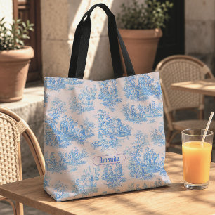 Vintage Blumen blauer Türkis Toile Jouy Monogramm Tasche